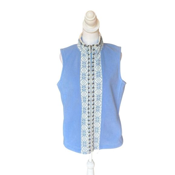 LL Bean Vest Jacket Blue Nordic Snowflake Fleece Mock Neck Full Zip Womens Med - Picture 1 of 12